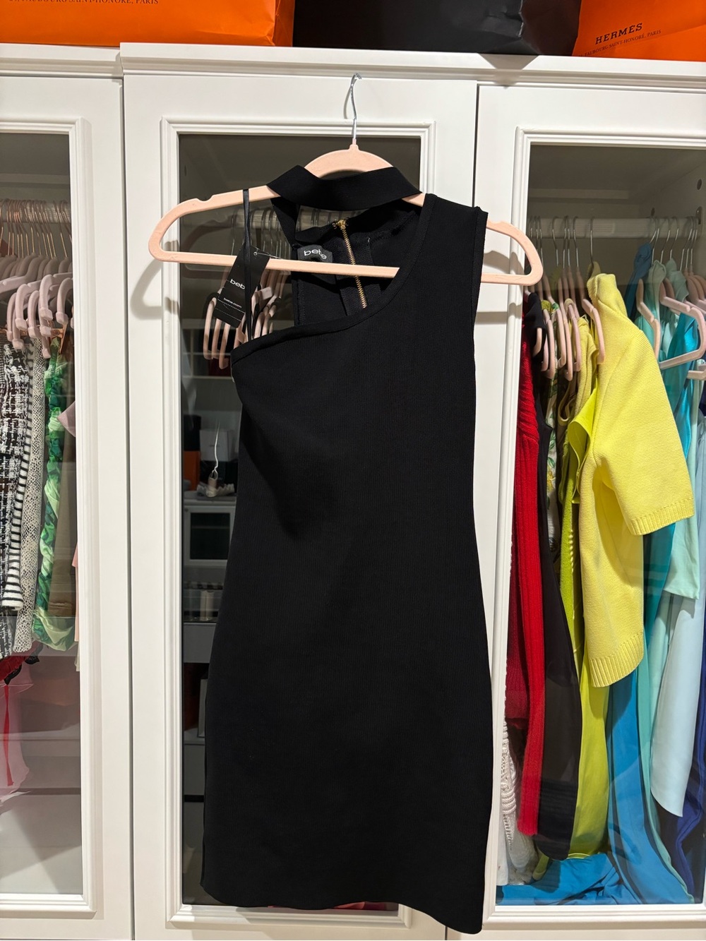 bebe Black One-Shoulder Choker Mini Dress